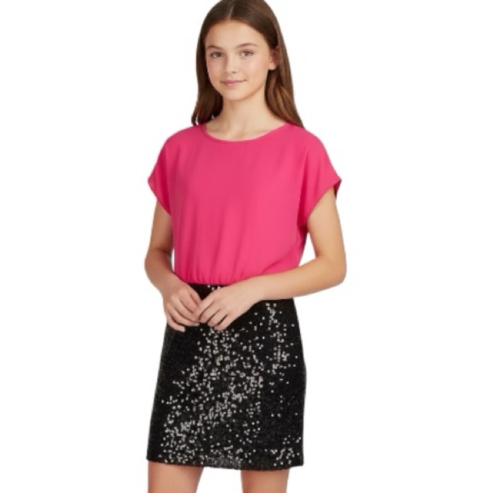 NWT Girl’s Nicole Miller Fuchsia Black Sequin Mini Dress Size L